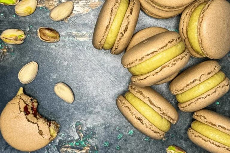 Makaroniki z kremem pistacjowym i malinami